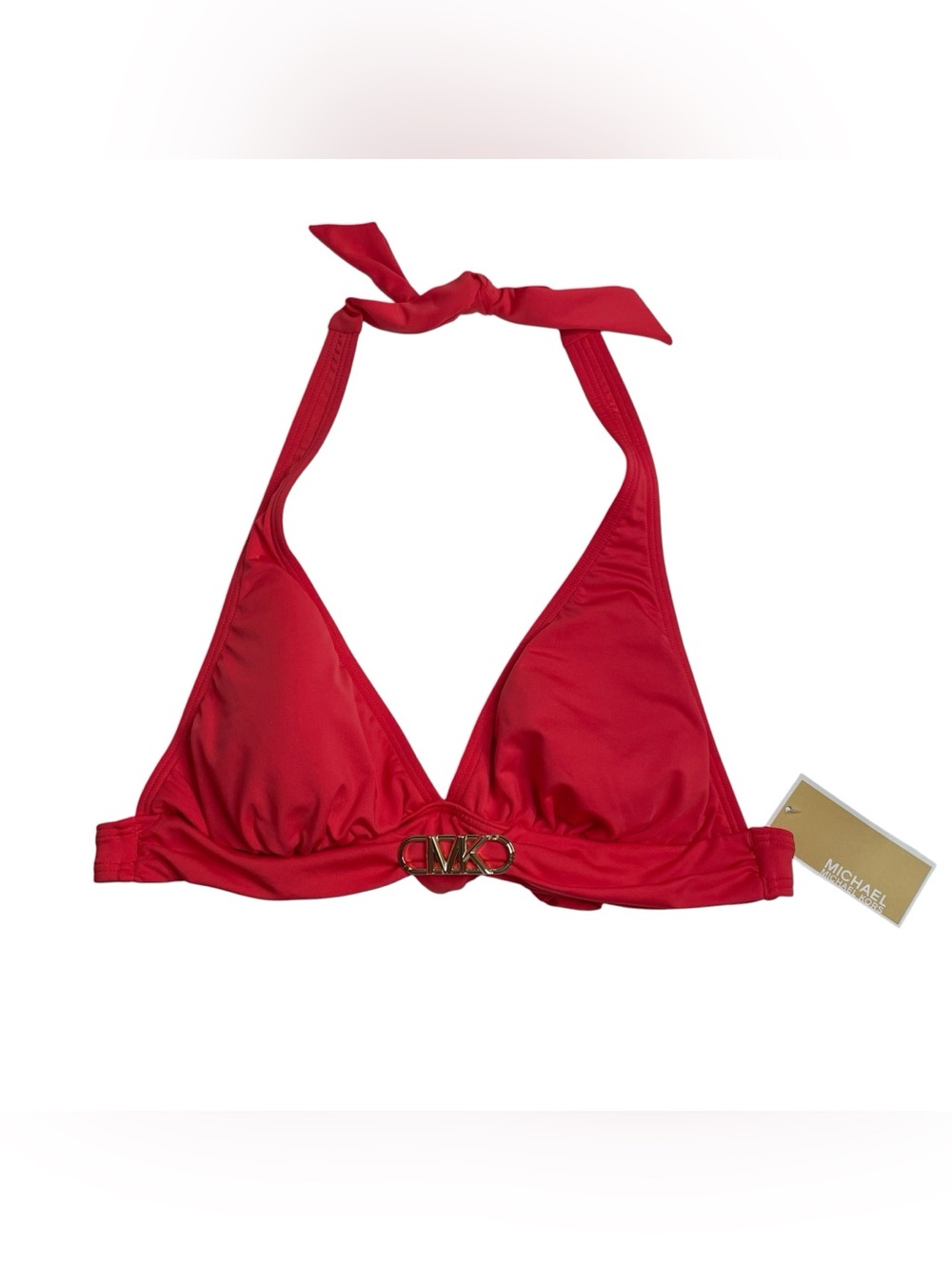 MICHAEL Michael Kors Halter Bikini Top Hardware Solids Sea Coral Gold Medium New